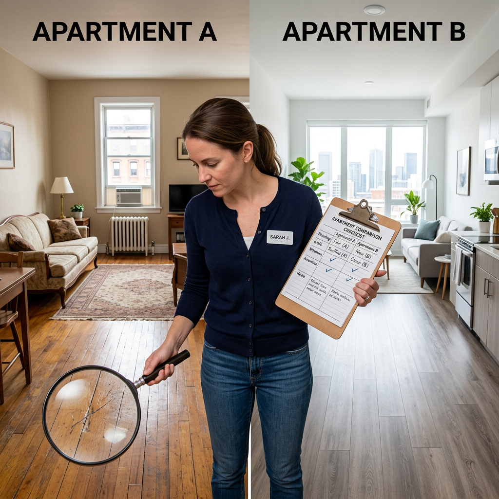Woman holding a magnifying glass and checklist comparing two apartments side by side