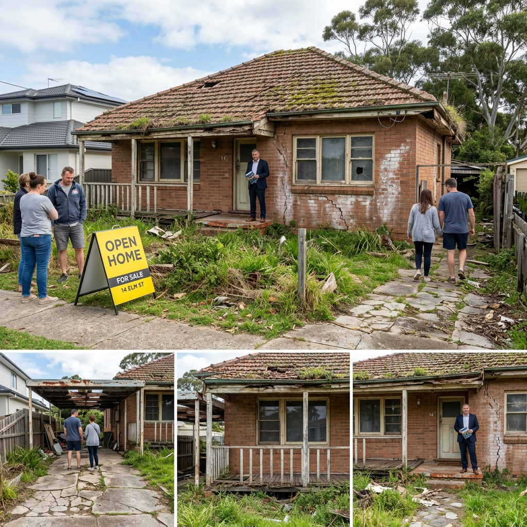 Run-down brick house with cracked walls, broken windows, and unkempt yard with open home sign