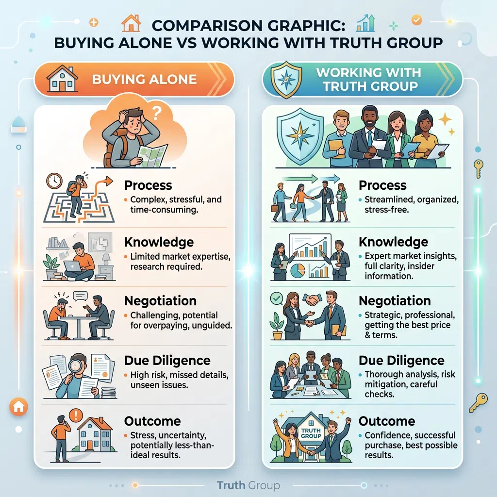 Comparison of buying alone versus working with Truth Group for home purchase benefits and challenges